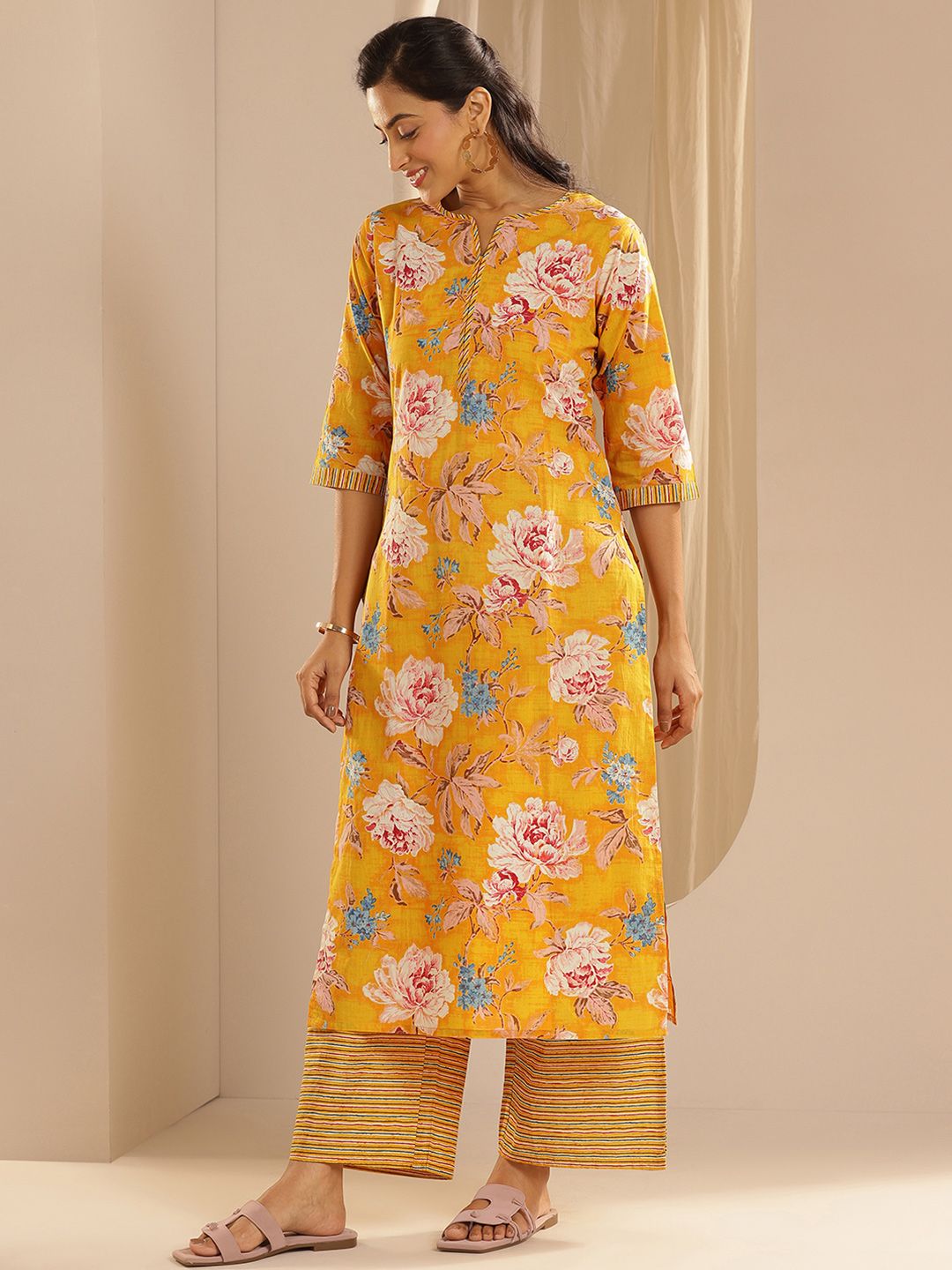 Libas Floral Printed Pure Cotton Straight Kurta With Palazzos & Dupatta