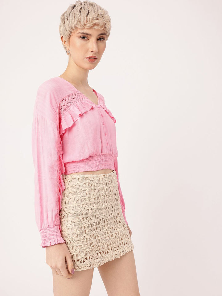 DressBerry Romantic Ruffled Smocked Blouson Top