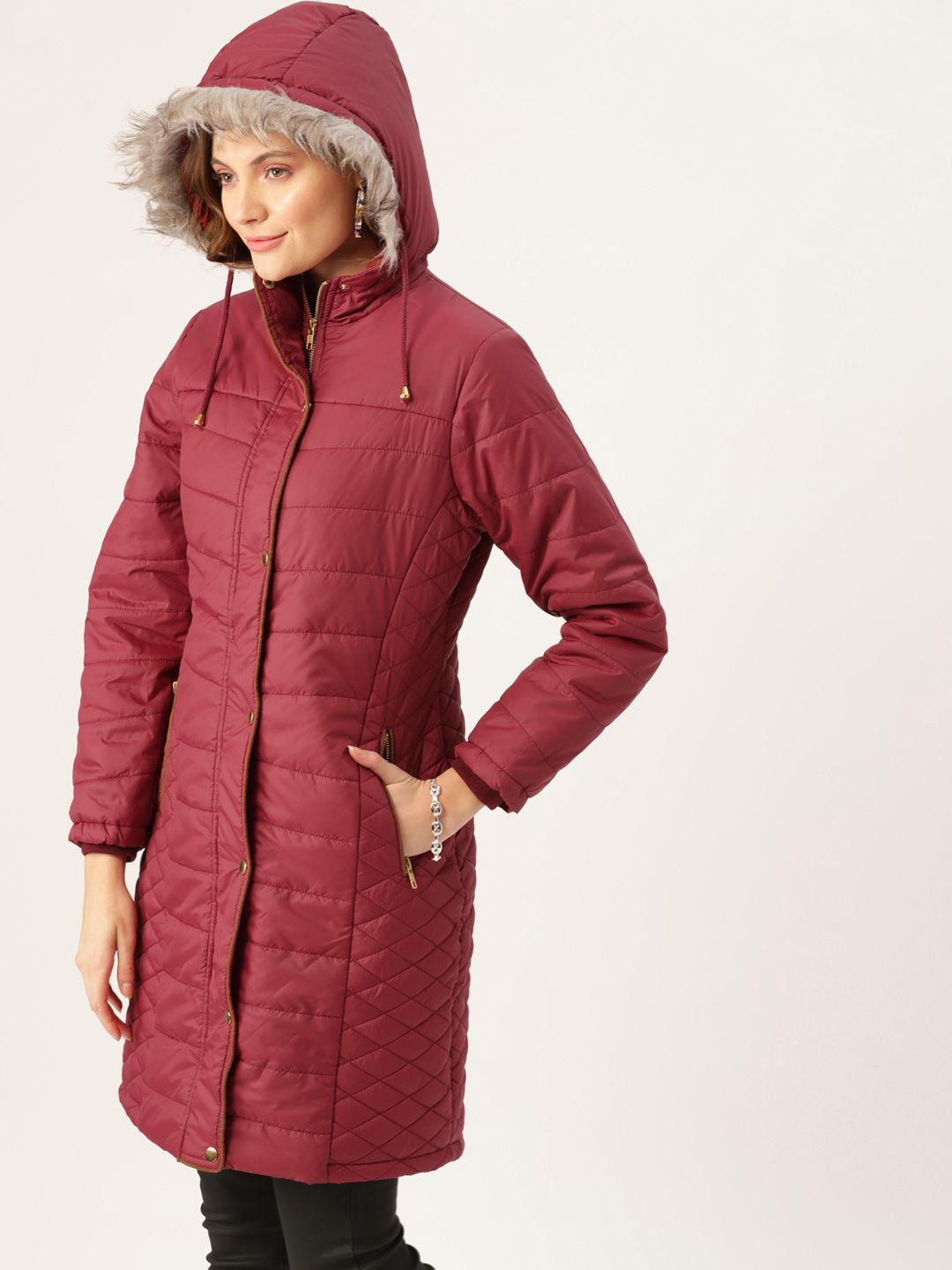 Dressberry Women Maroon Solid Hooded Longline Parka Jacket