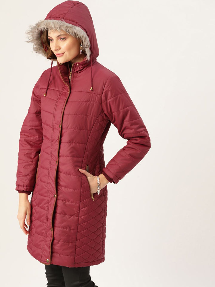 Dressberry Women Maroon Solid Hooded Longline Parka Jacket