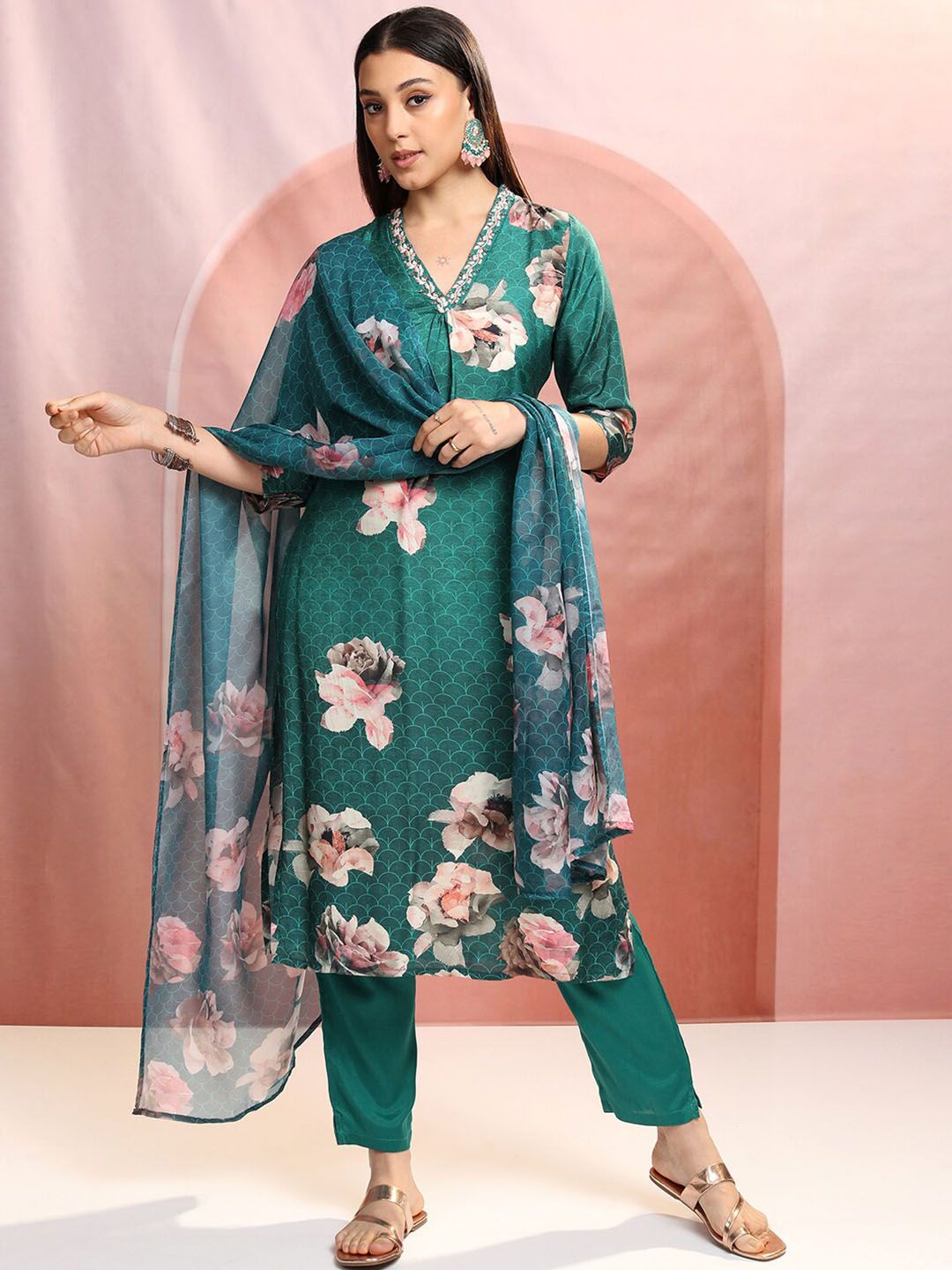 Vishudh Green Floral Printed Thread Work Straight Kurta With Trousers & Dupatta