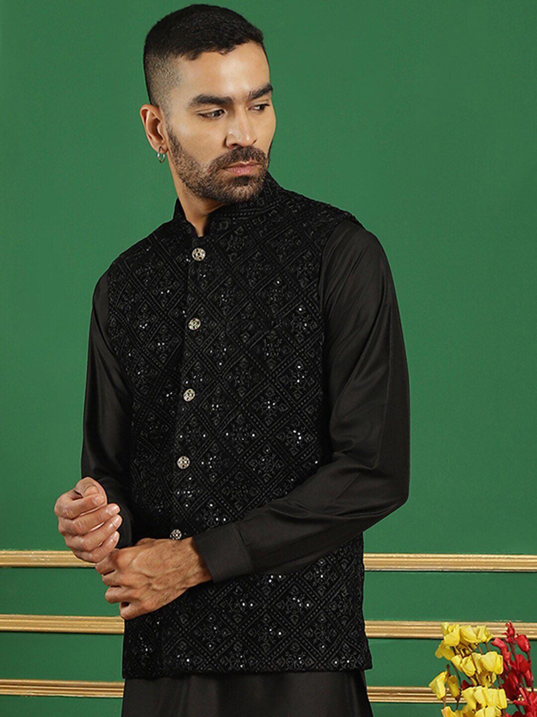 Jompers Sequin Embroidered Mandarin Collar Velvet Nehru Jacket