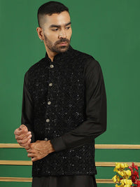 Jompers Sequin Embroidered Mandarin Collar Velvet Nehru Jacket