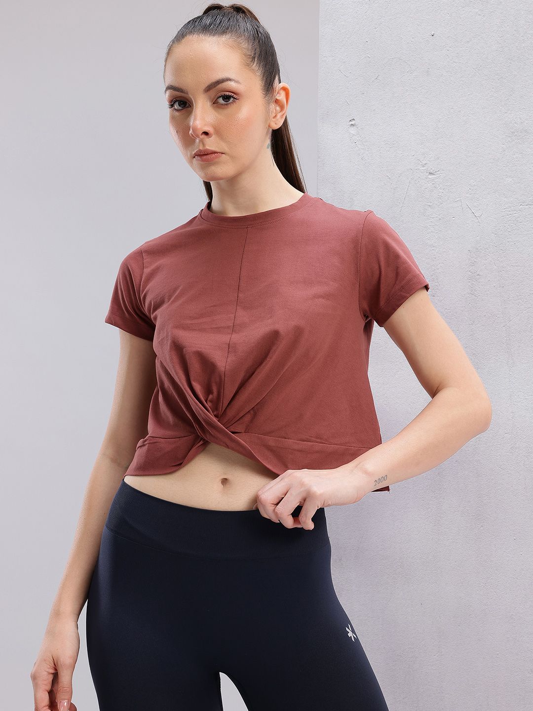 HRX by Hrithik Roshan Twisted Front Cotton Cropped Yoga T-shirt