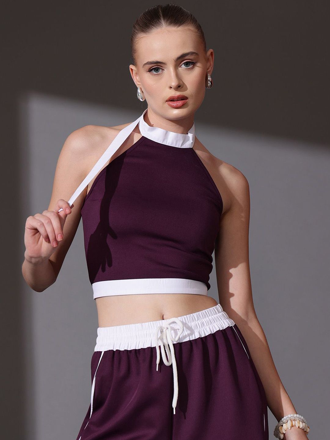 STREET 9 Pure Cotton Solid Halter Neck Top & Trousers Set
