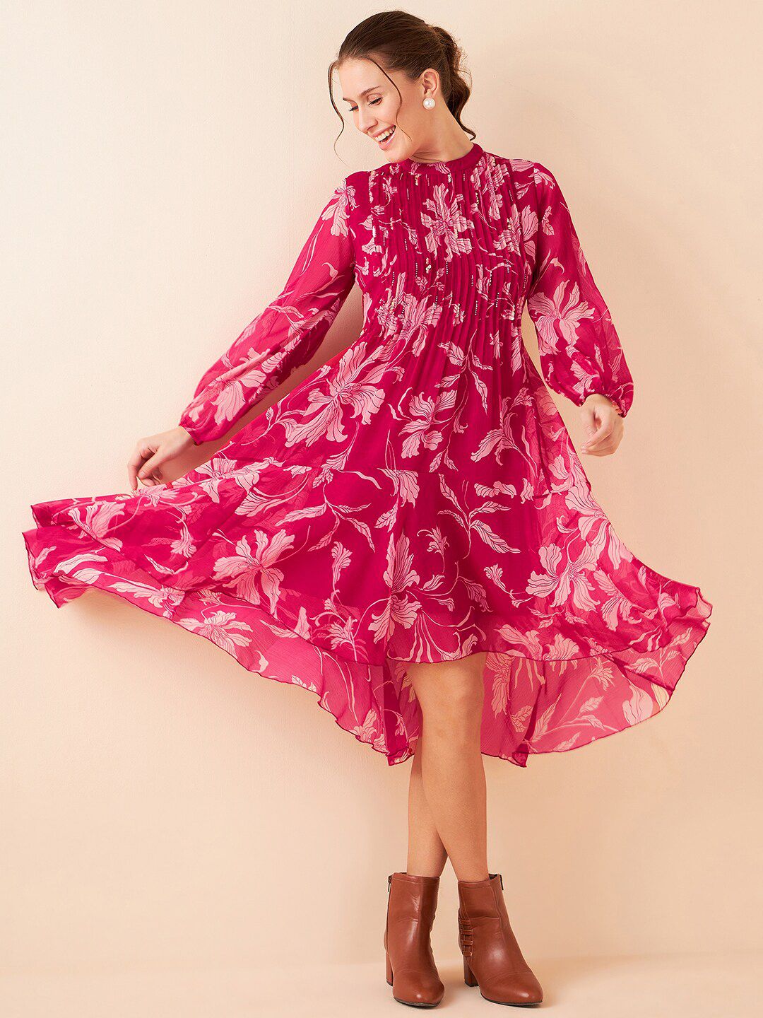 Antheaa Floral Printed High Neck Puff Sleeves Pleated Detailed Chiffon A-Line Midi Dress