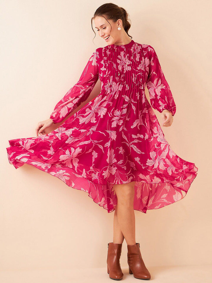 Antheaa Floral Printed High Neck Puff Sleeves Pleated Detailed Chiffon A-Line Midi Dress