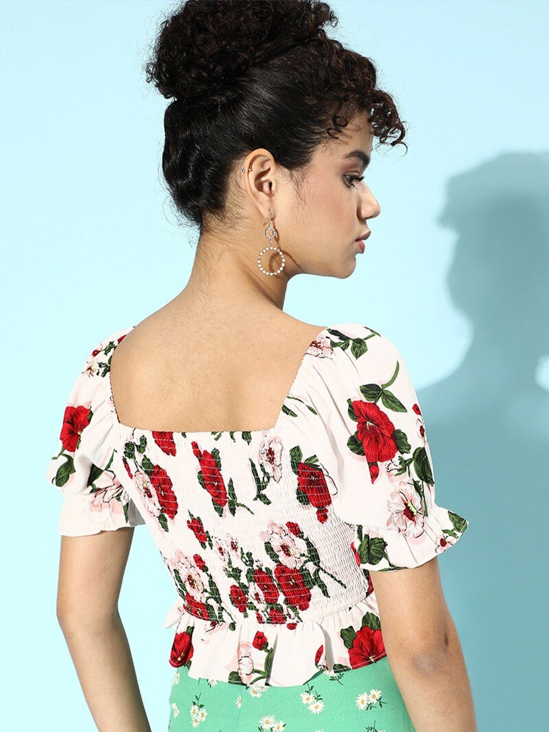 Berrylush Woman White Floral Print Crepe Bardot Top