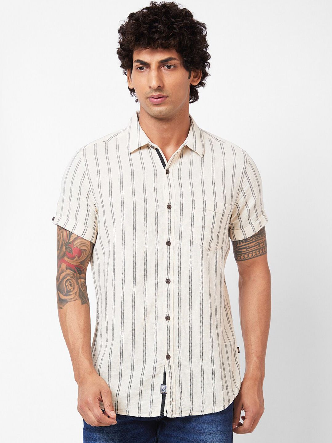 SPYKAR Slim Fit Striped Spread Collar Short Sleeves Casual Shirt