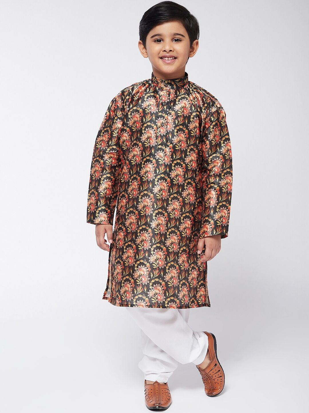 SOJANYA Boys Black Floral Printed Straight Kurta