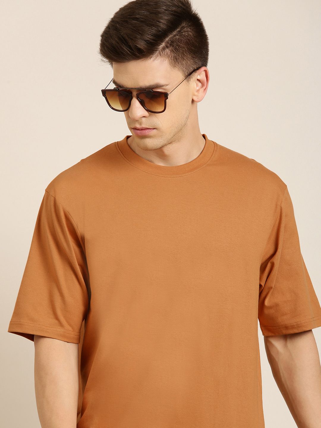 DILLINGER Men Brown Solid Pure Cotton Drop-Shoulder Sleeves Oversized Fit T-shirt