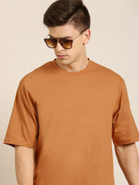 DILLINGER Men Brown Solid Pure Cotton Drop-Shoulder Sleeves Oversized Fit T-shirt