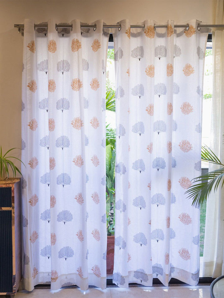 URBAN SPACE White & Brown 2 Pieces Quirky Printed Cotton Long Door Curtains