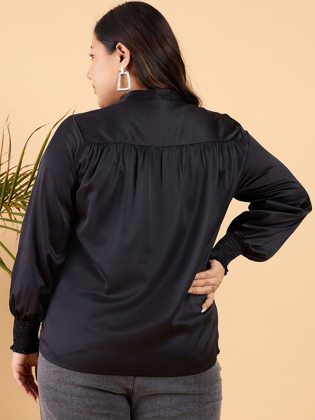 CURVY STREET Plus Size Tie Up Neck Comfort Opaque Satin Casual Shirt