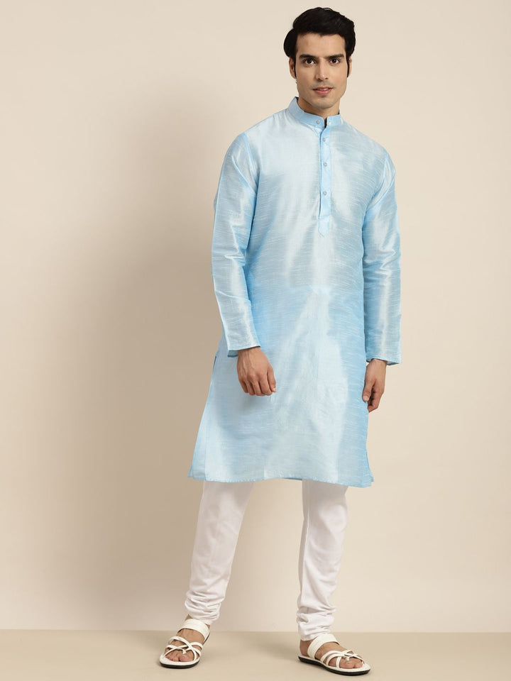 Anug by SOJANYA Men Blue Band Collar Kurta