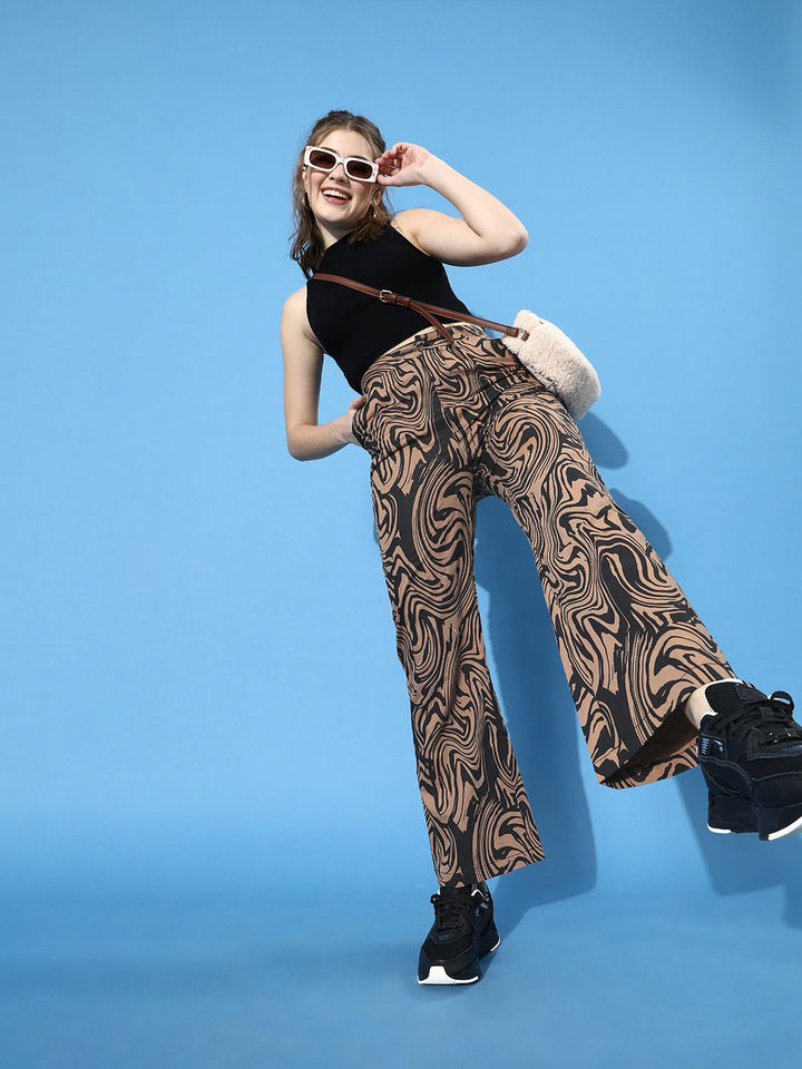 STREET 9 Women Deep Brown Printed Mid-Rise Trousers