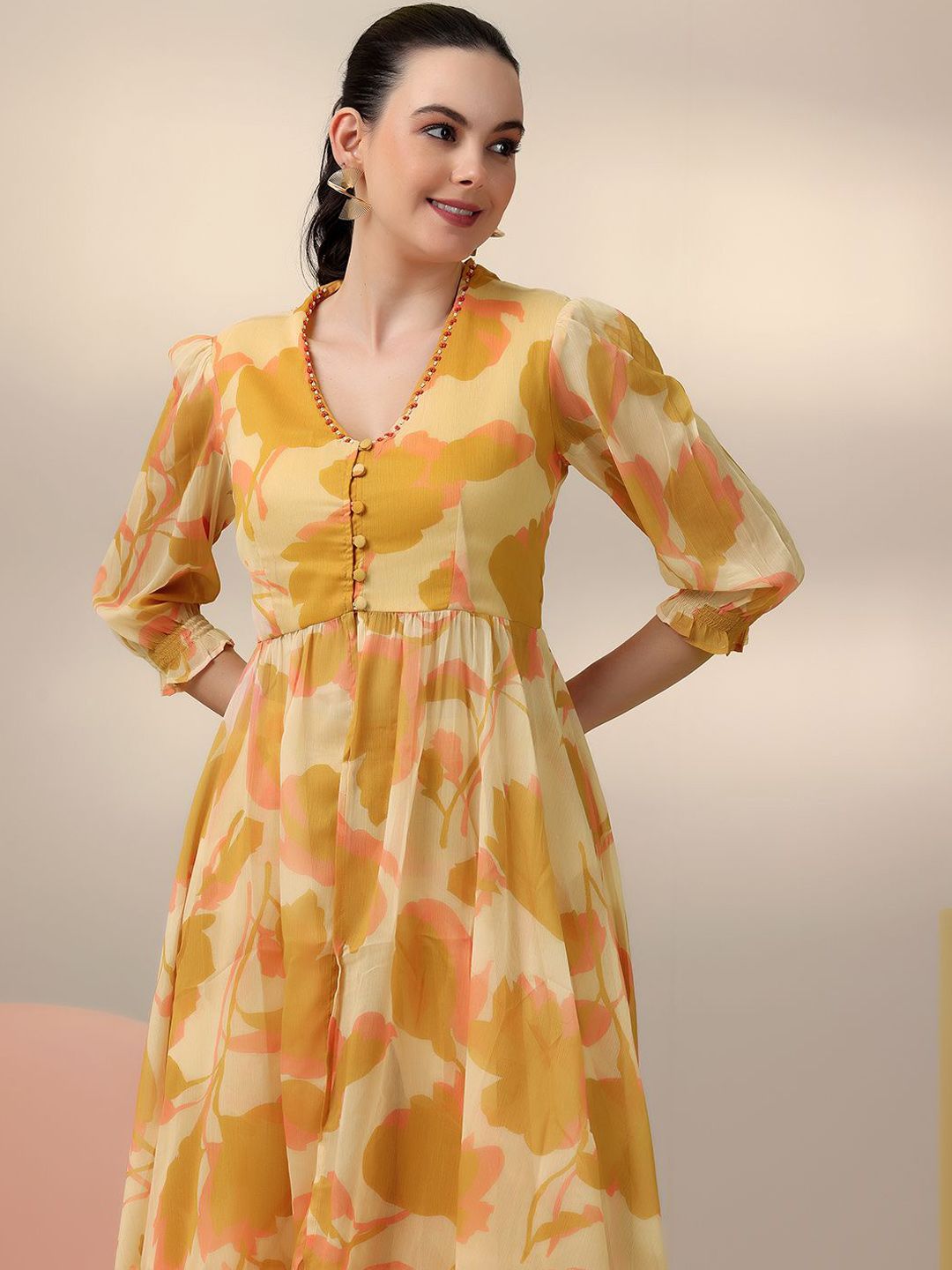 Libas Beige Floral Printed V-Neck Tunic with Palazzo