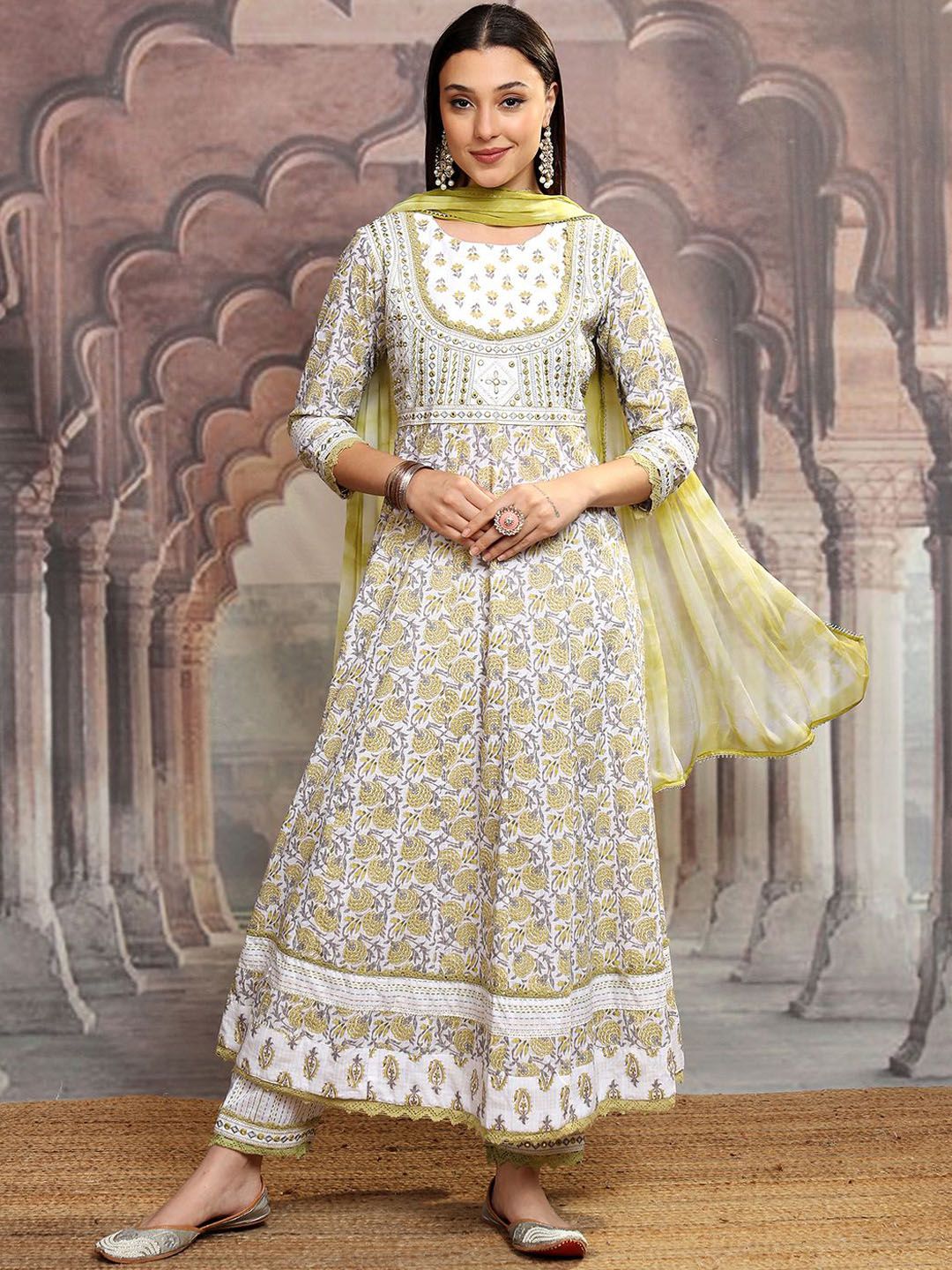 Vishudh White Printed Thread Work Pure Cotton Anarkali Kurta With Trousers & Dupatta
