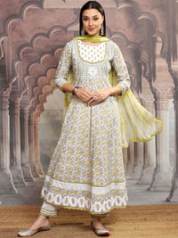 Vishudh White Printed Thread Work Pure Cotton Anarkali Kurta With Trousers & Dupatta