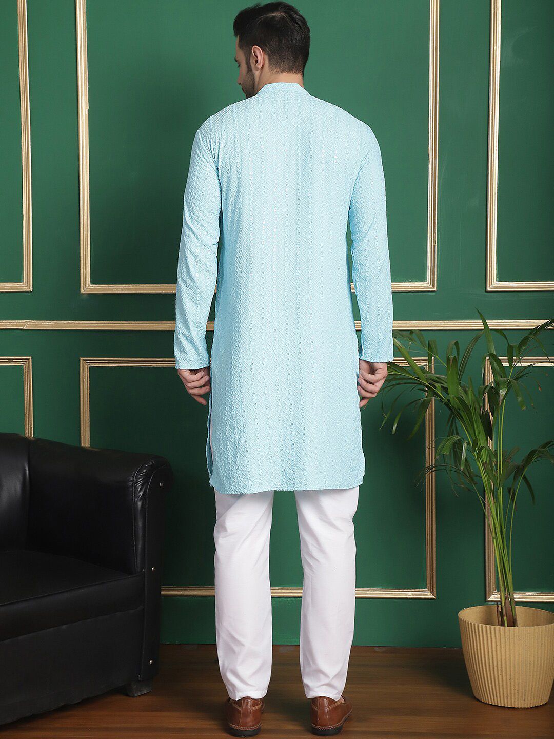 Anouk Blue Ethnic Embroidered Straight Kurta with Pyjamas