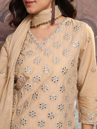 Vishudh Beige V Neck Floral Embroidered Regular Pure Cotton Straight Kurta Set