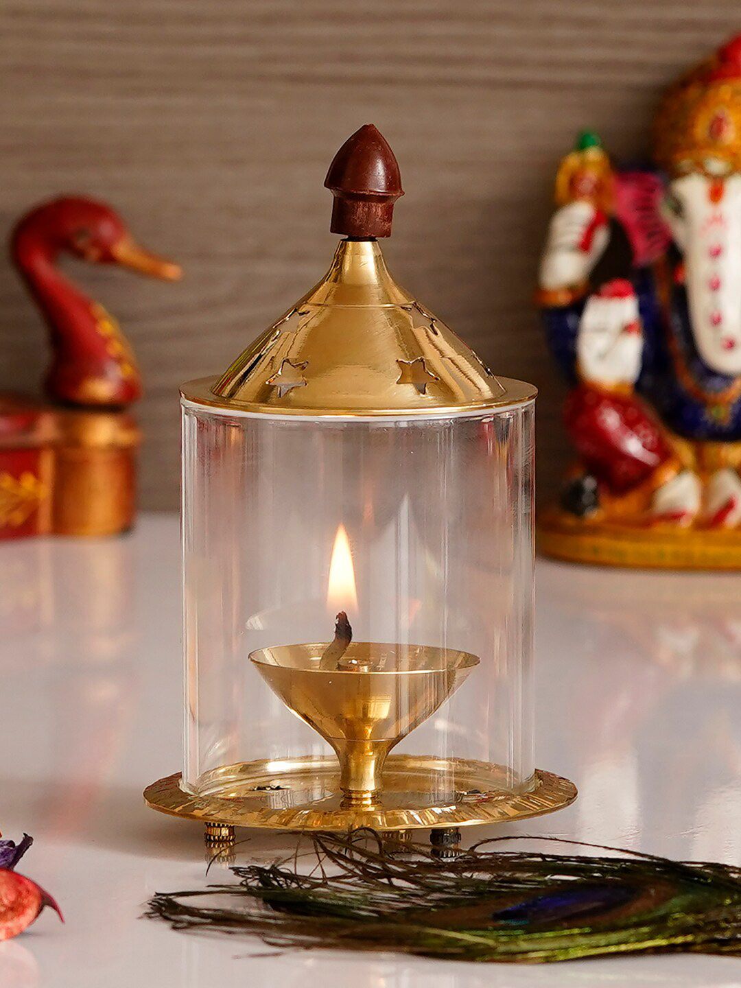 eCraftIndia Gold-Toned Brass Akhand Diya with Glass