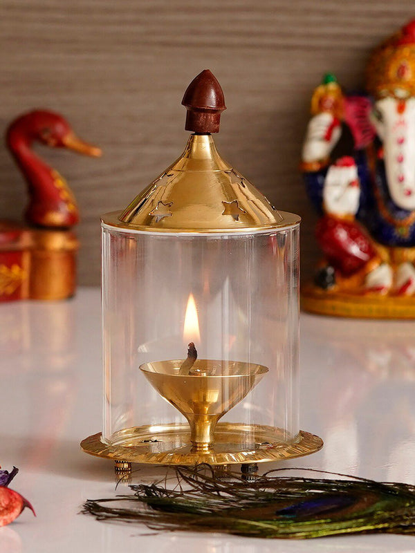 eCraftIndia Gold-Toned Brass Akhand Diya with Glass