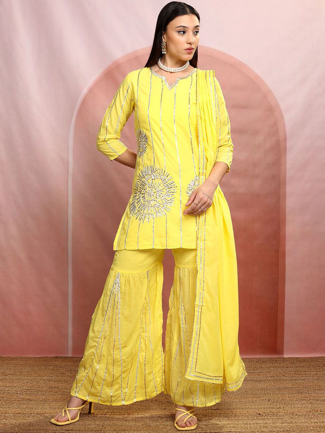 Vishudh Women Gotta Patti Pure Cotton Kurta with Sharara & With Dupatta