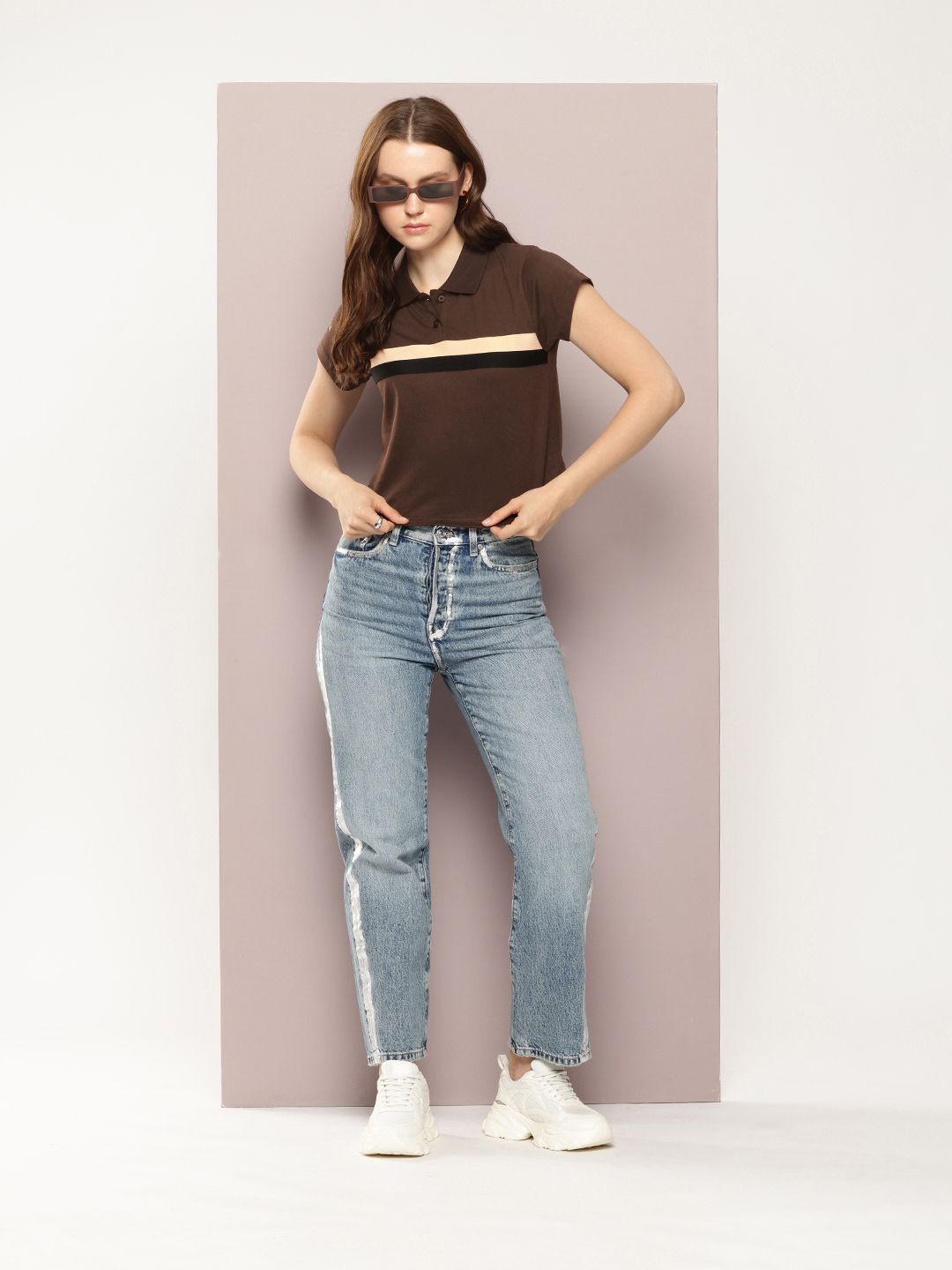 DILLINGER Striped Polo Collar Crop Pure Cotton T-shirt