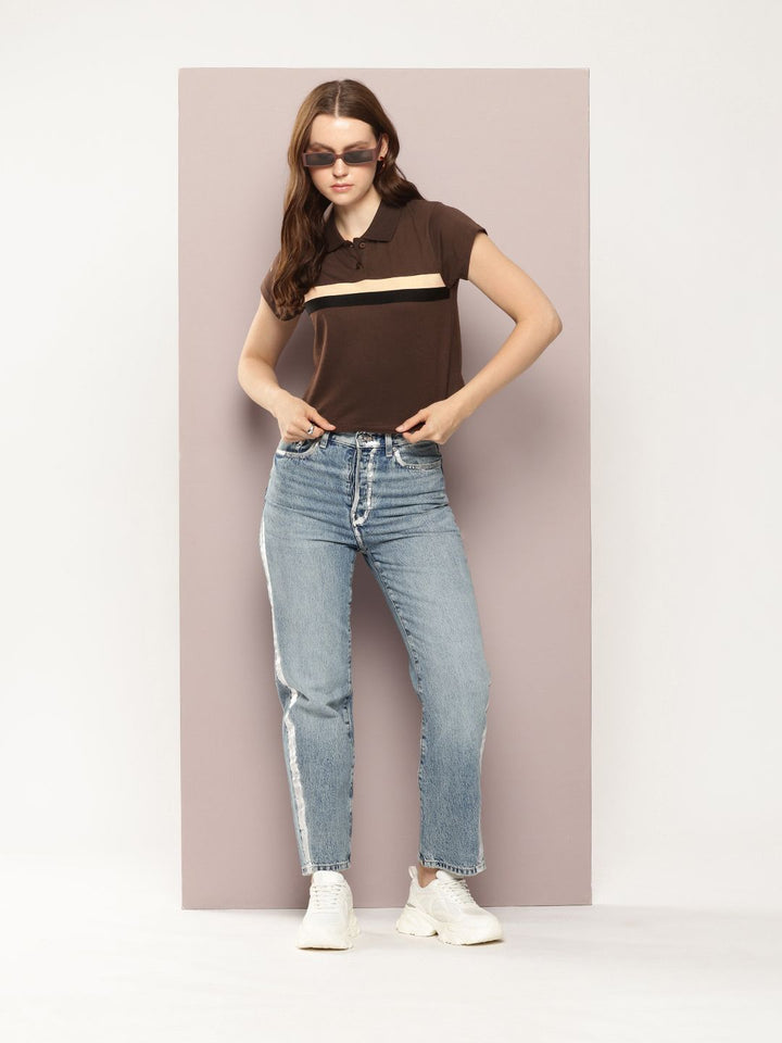 DILLINGER Striped Polo Collar Crop Pure Cotton T-shirt