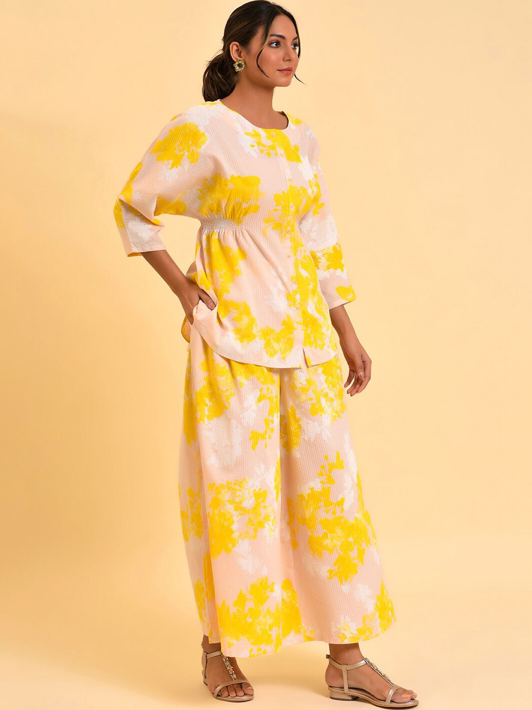 W Peach-Coloured & Yellow Abstract Printed Pure Cotton Top With Palazzos
