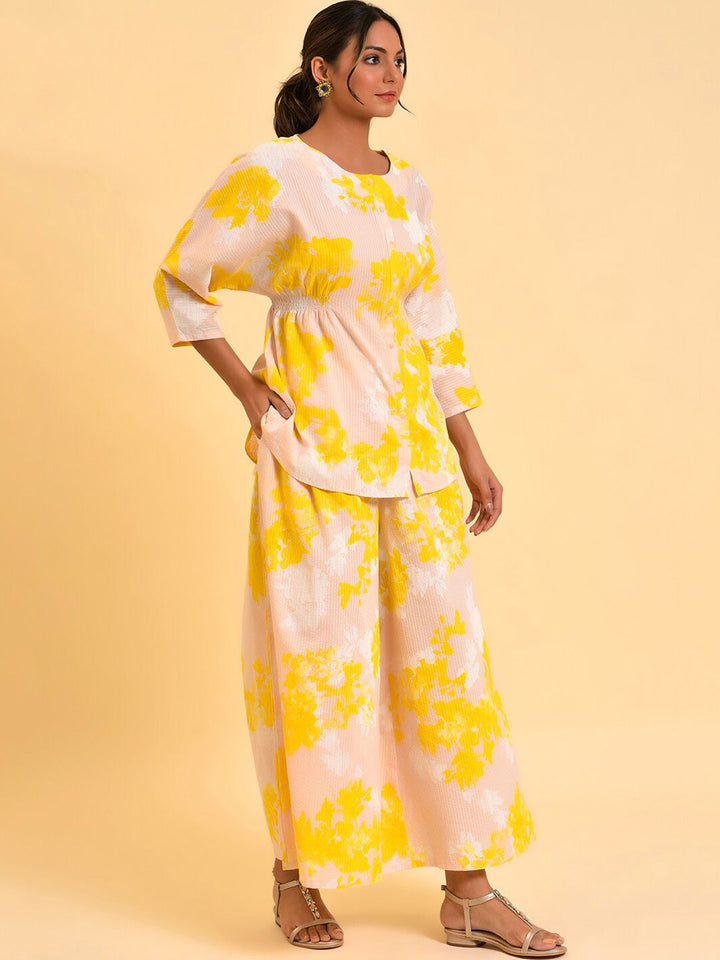 W Peach-Coloured & Yellow Abstract Printed Pure Cotton Top With Palazzos
