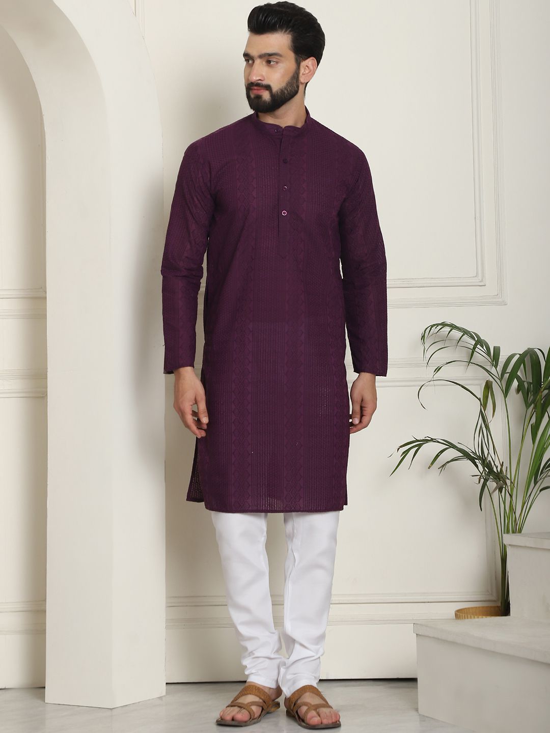 SOJANYA Benang Sulam Geometrik Berfungsi Kapas Tulen Kurta Lurus Dengan Churidar