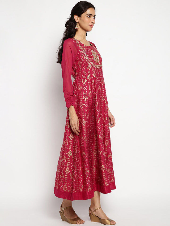 AURELIA Printed Ethnic Motifs Satin Maxi Ethnic Dress