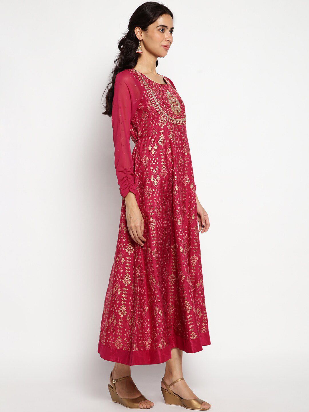 AURELIA Printed Ethnic Motifs Satin Maxi Ethnic Dress