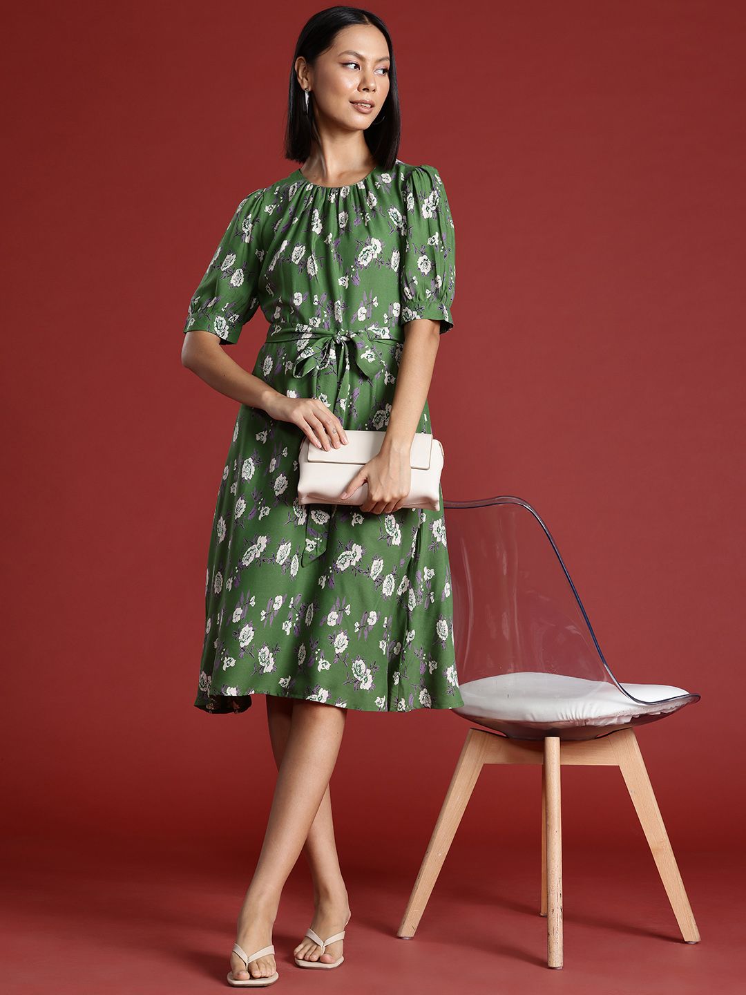 all about you Floral Print Puff Sleeves A-Line Dress with Belt
