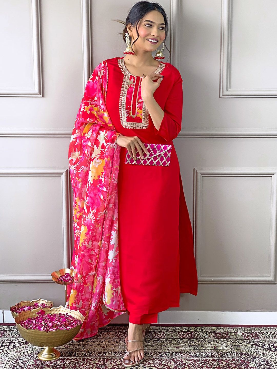 KALINI Ethnic Motifs Yoke Design Thread Work Straight Kurta with Trousers & Dupatta