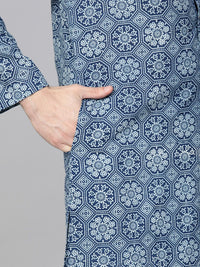 See Designs Men Navy Blue & White Handloom Handblock Print Sustainable Straight Kurta
