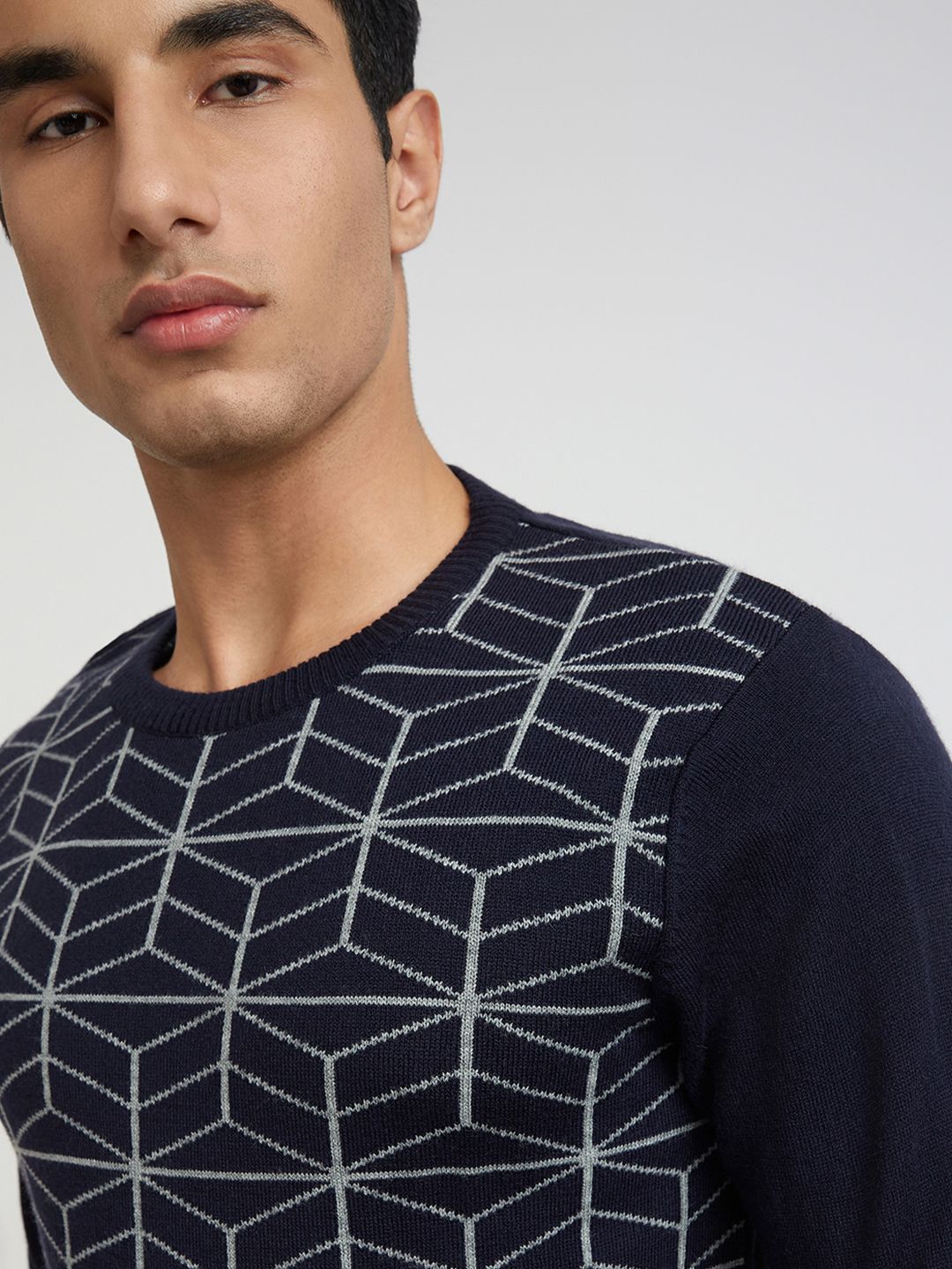 Raymond Men Navy Blue & Grey Geometric Woolen Pullover