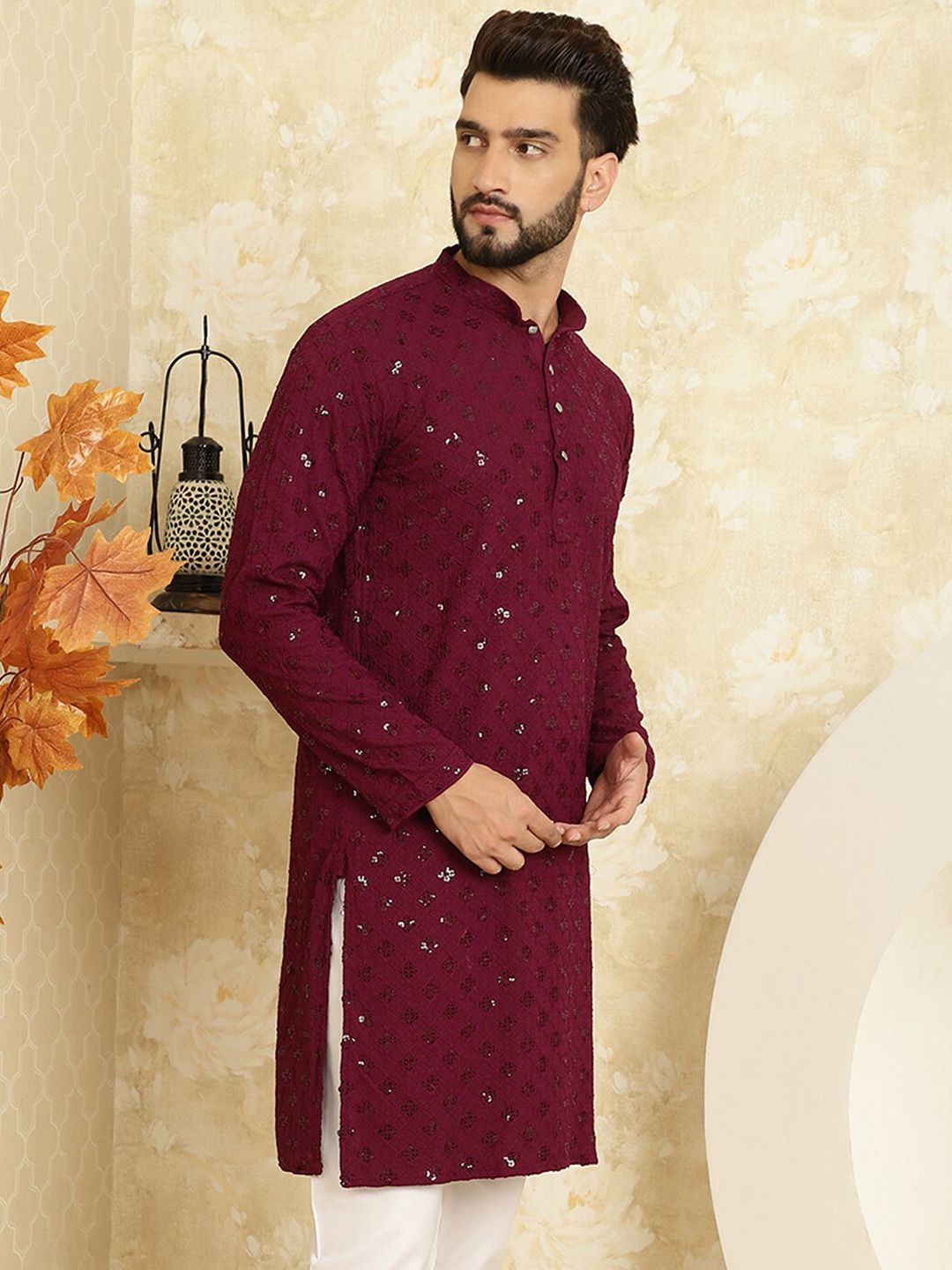 SOJANYA Dihiasi Kolar Mandarin Kurta Kapas Tulen Lurus