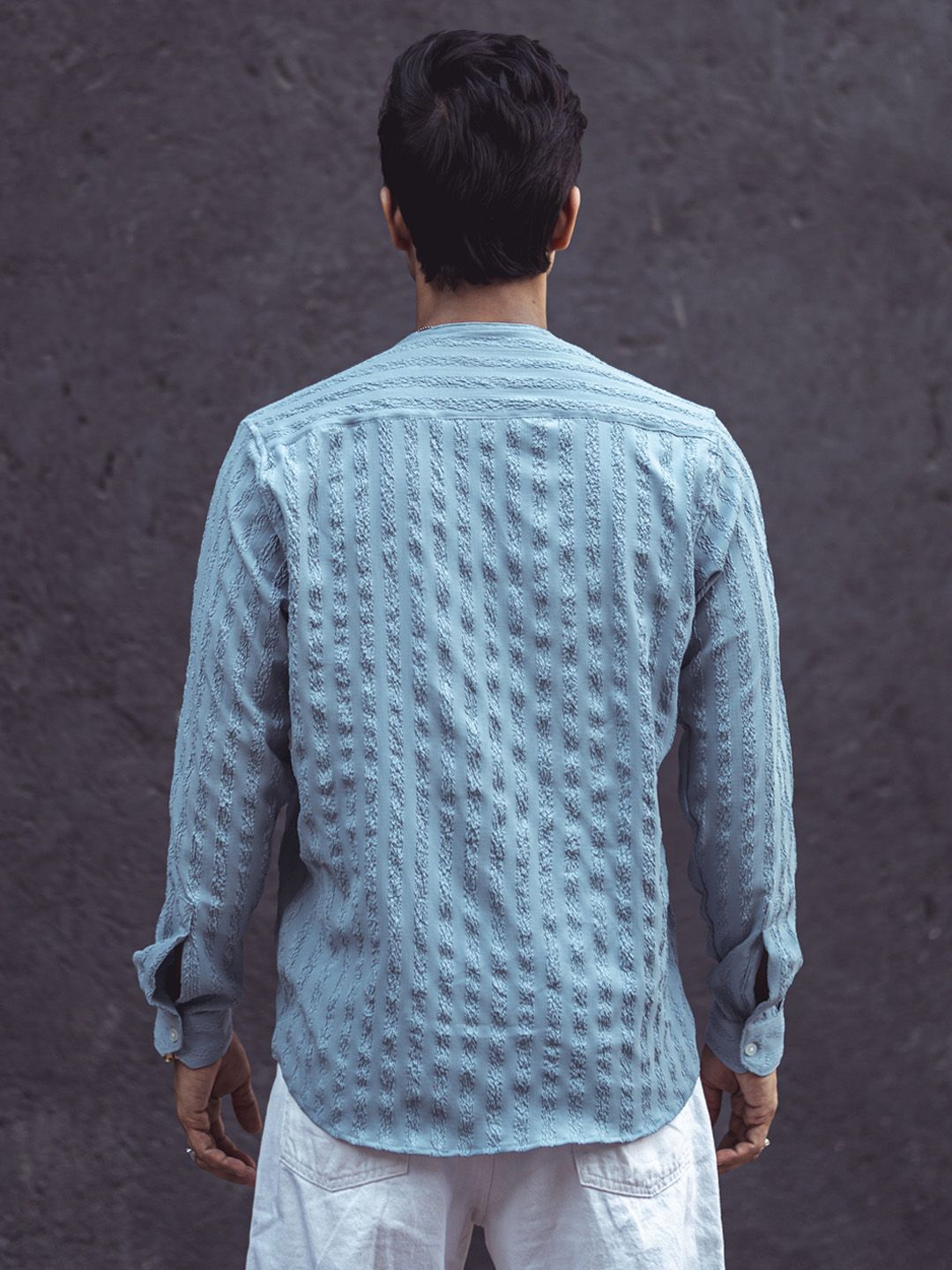 Powerlook Grey Mandarin Collar Opaque Knitted Casual Shirt
