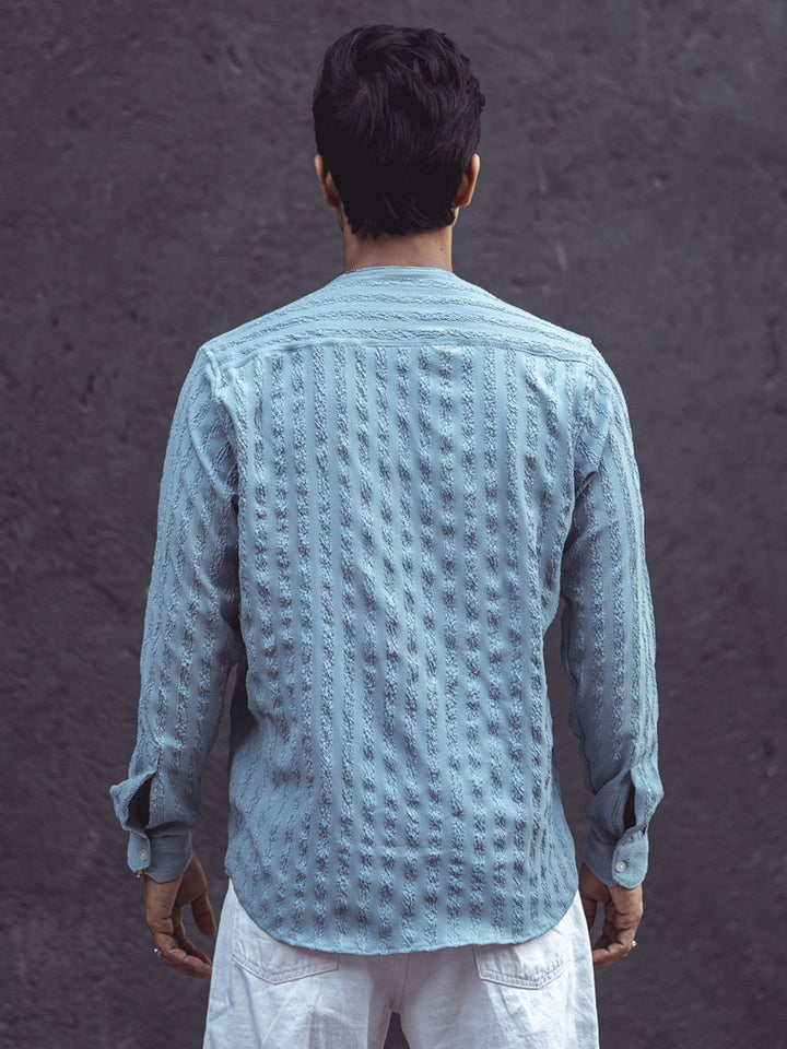 Powerlook Grey Mandarin Collar Opaque Knitted Casual Shirt