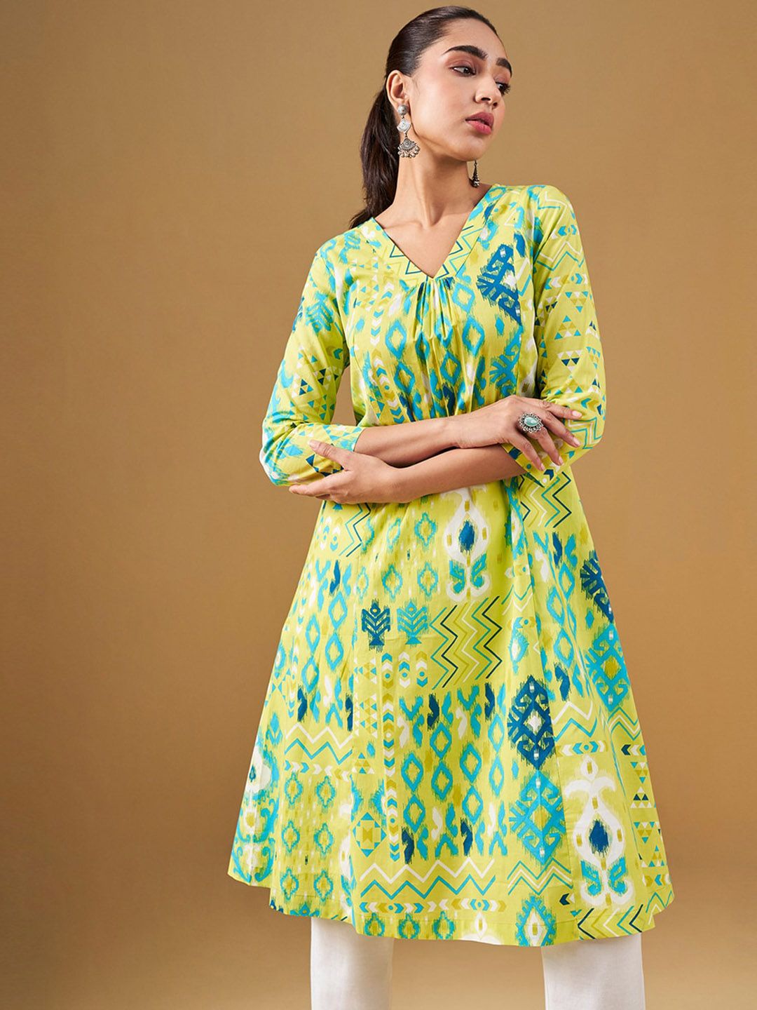 Global Desi Ethnic Motifs Printed V-Neck Cotton A-Line Kurta