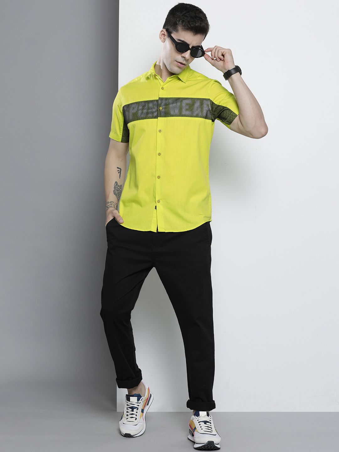The Indian Garage Co Men Fluorescent Green Comfort Typography Printed Casual Shirt