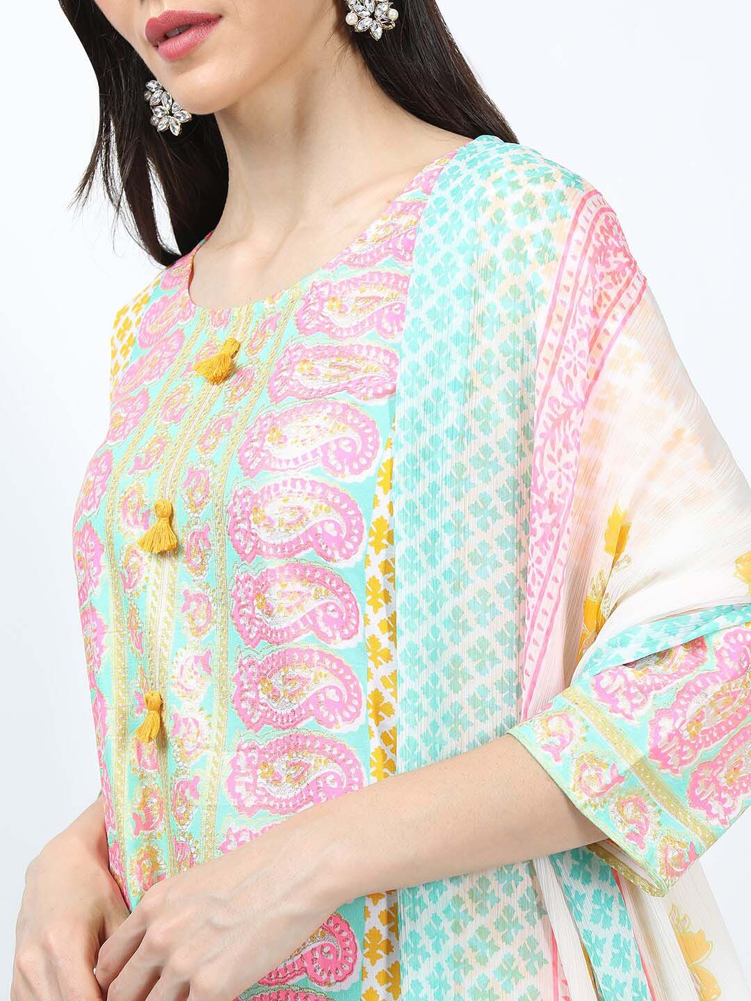 Vishudh Women Yellow Ethnic Motifs Printed Kurta with Palazzos With Dupatta