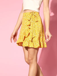 Berrylush Women Yellow Tie-side Ruffle Trim Wrap Ditsy Floral Skirt