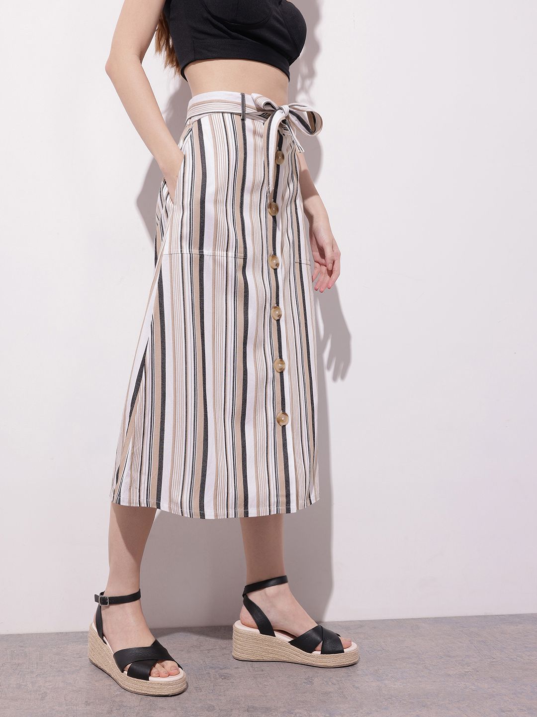DressBerry Dark Academia Neutral Stripe Belted A-Line Skirt