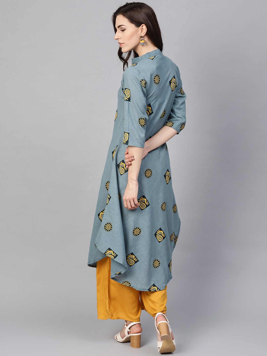 SOJANYA Kurta Bercetak A-Line Wanita Biru & Kuning