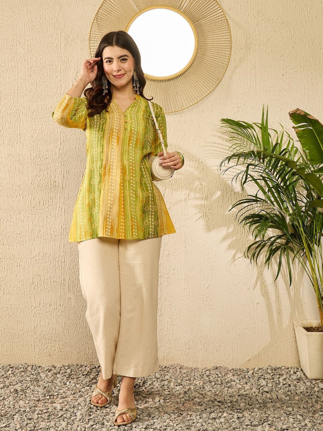 KALINI Floral Print Mandarin Collar A-Line Top