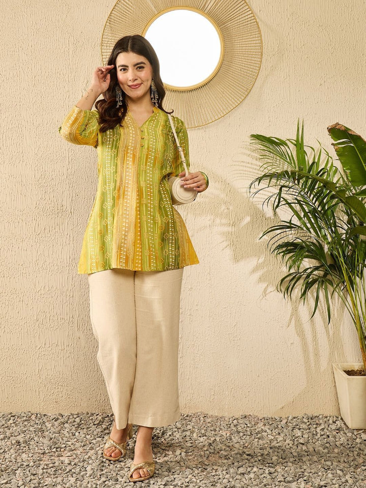 KALINI Floral Print Mandarin Collar A-Line Top